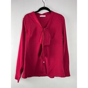 AUQCO Womens Red Long Sleeve Blouse With Tie Neck Detail Size M
